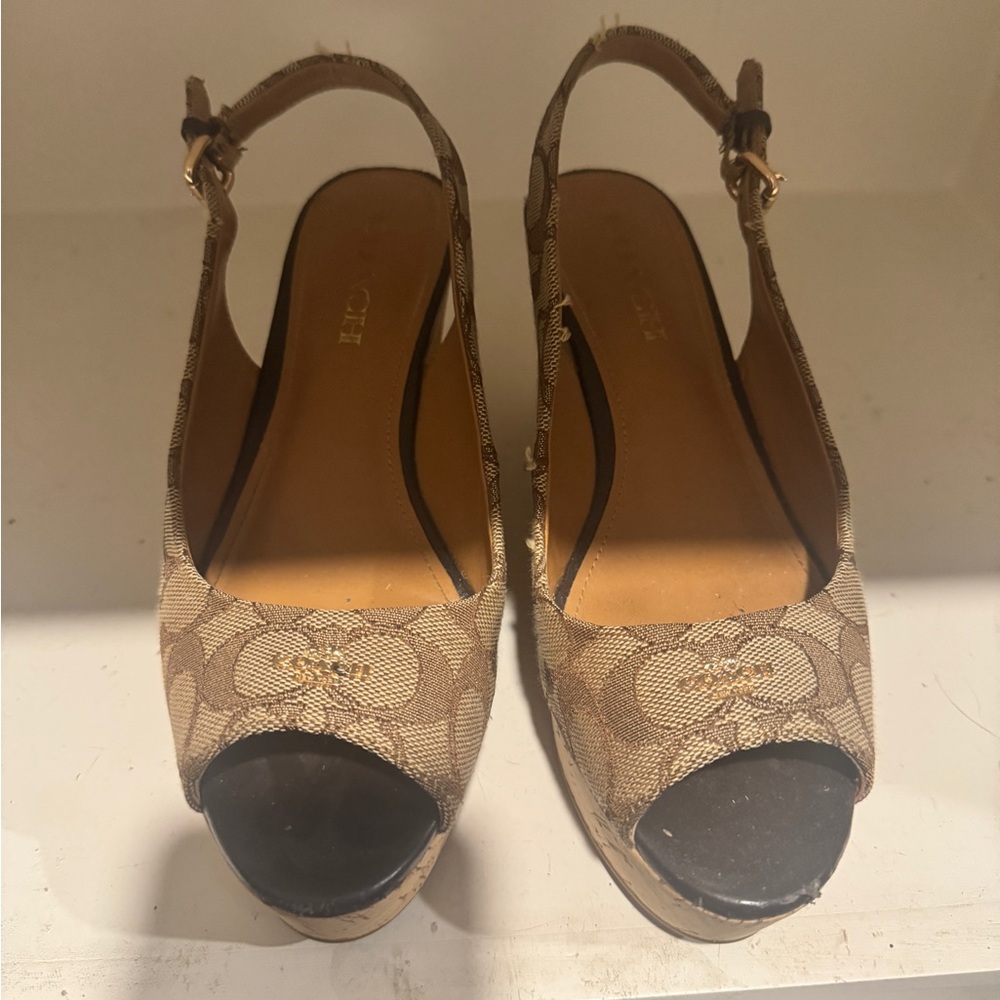 Coach Tan Peep-Toe Wedges